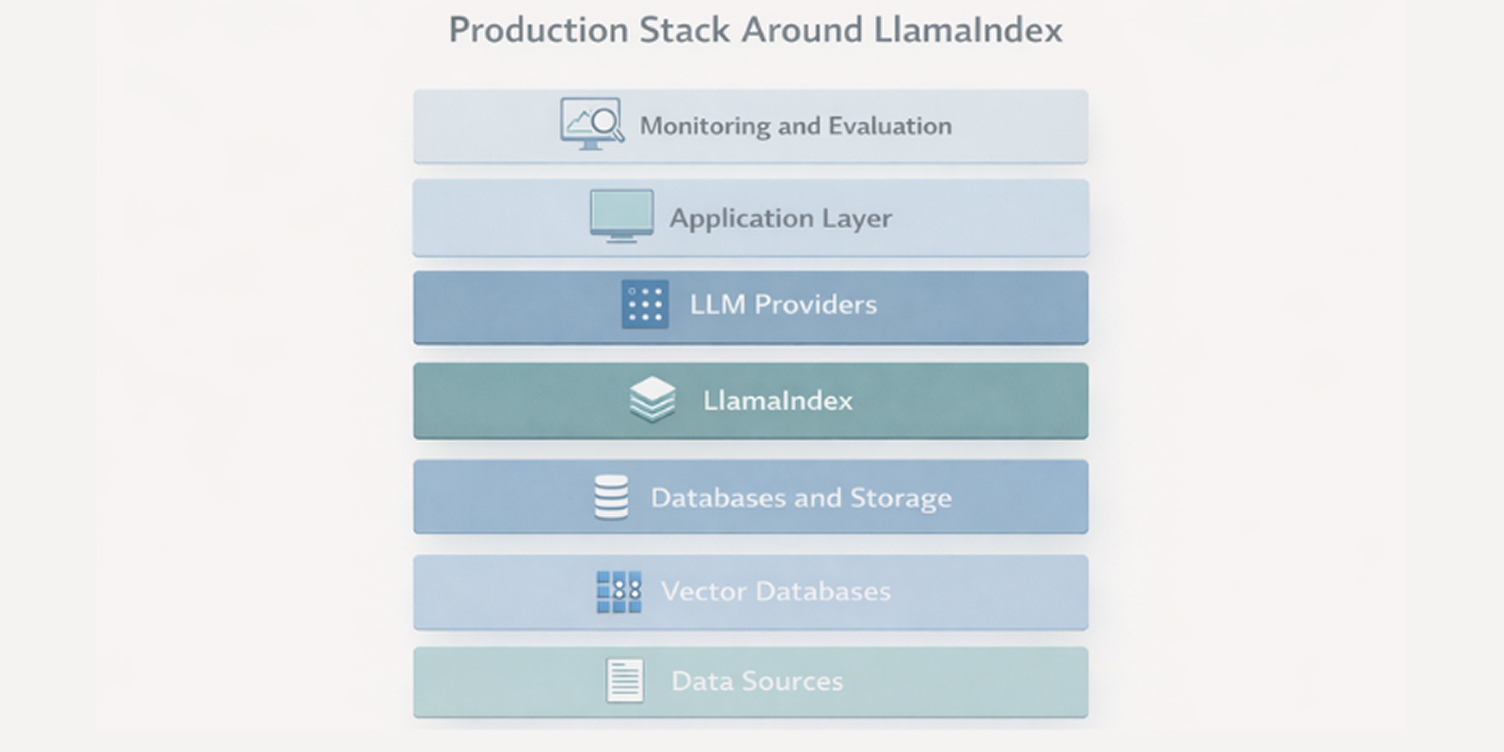 An image that represent Production architecture stack using LlamaIndex and LLMs